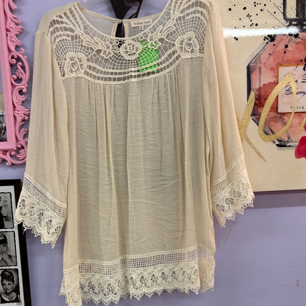 indigo soul Cream Lace Crochet Yoke Peasant Tunic